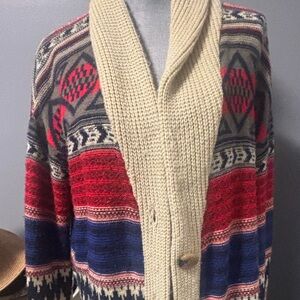 Woman’s  Chunky Knit Cardigan Sweater - Red, Navy & Cream